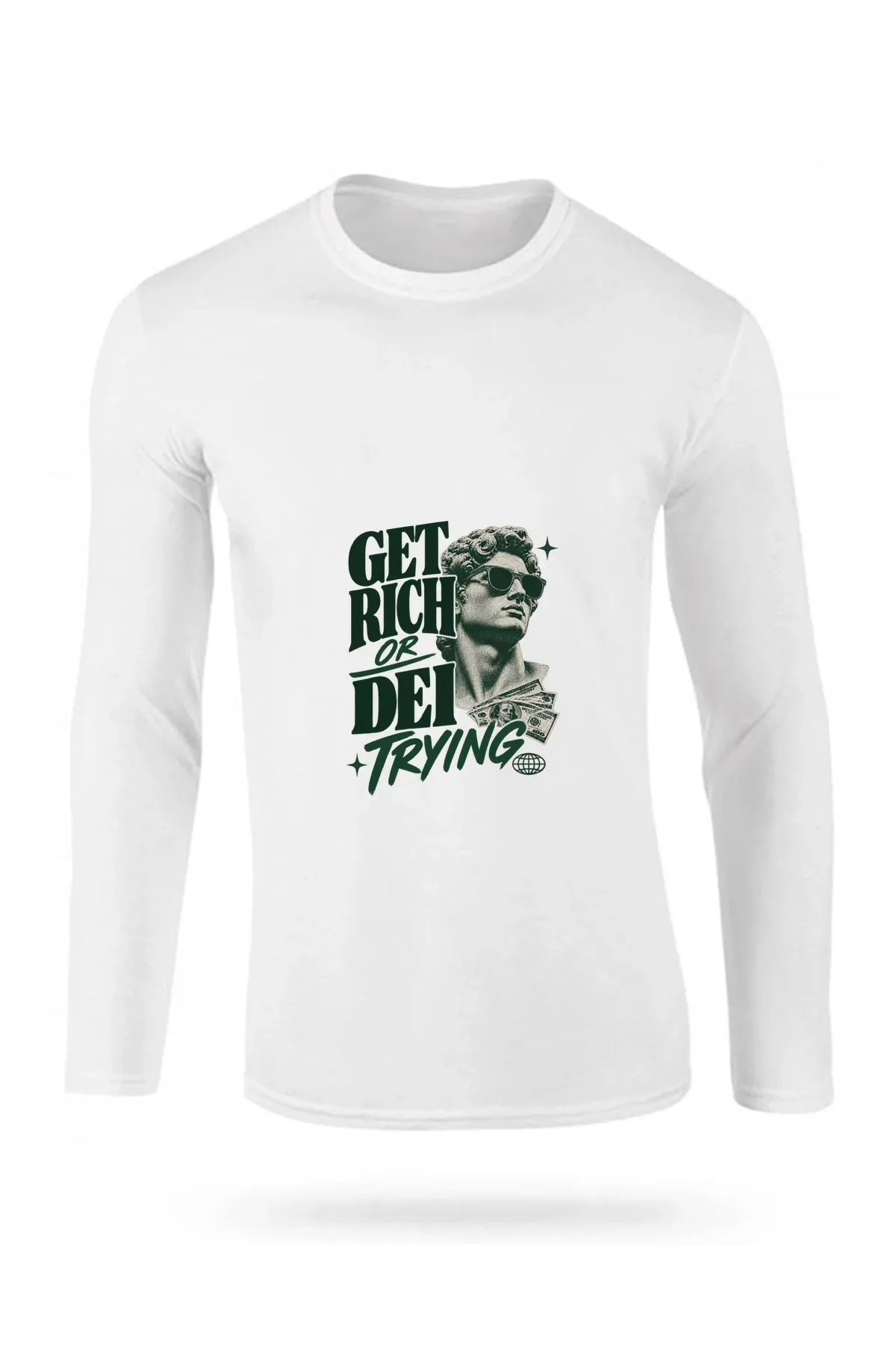 Wit heren longsleeve T-shirt met donkergroene Get Rich or Die Trying-print, portret en dollarbiljetten